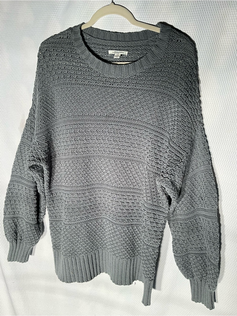 American Eagle Grey Chunky Open Knit Crewneck Pullover Sweater Size L